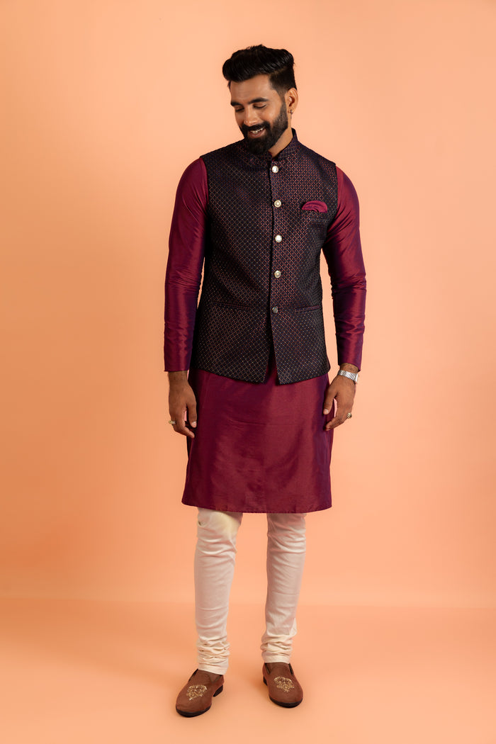 Wine Silk Blend Woven Nehru Jacket Bundi