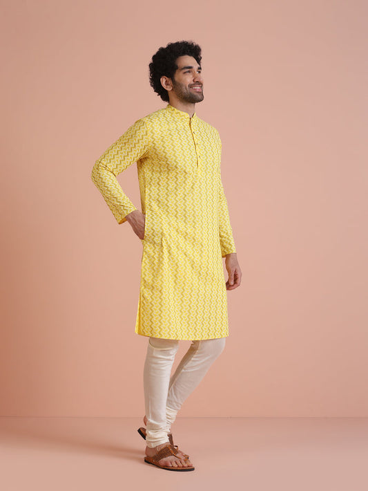 Yellow Cotton Blend Kurta Set with Geometric Woven Pattern and Cream Churidar for Festive & Wedding Ensemble