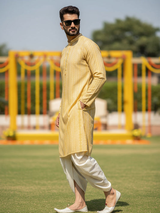 Yellow Jacquard Kurta Dhoti Set