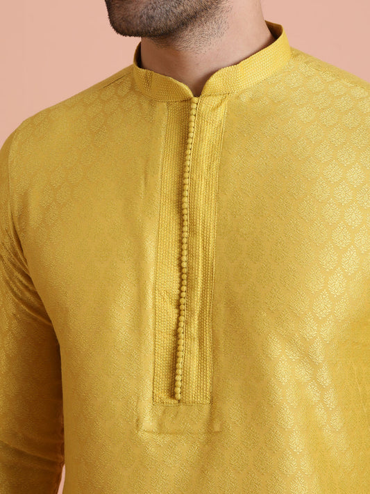Yellow Silk Blend Jacquard Long Kurta