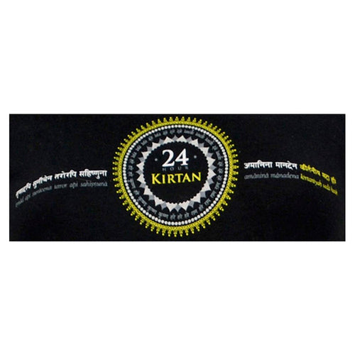 A circular Mantralogy logo with detailed yellow and white patterns and 24 Hour KIRTAN in the center, ringed by Devanagari script on black—ideal for American Apparel Womens T-Shirts at the West Virginia event.
