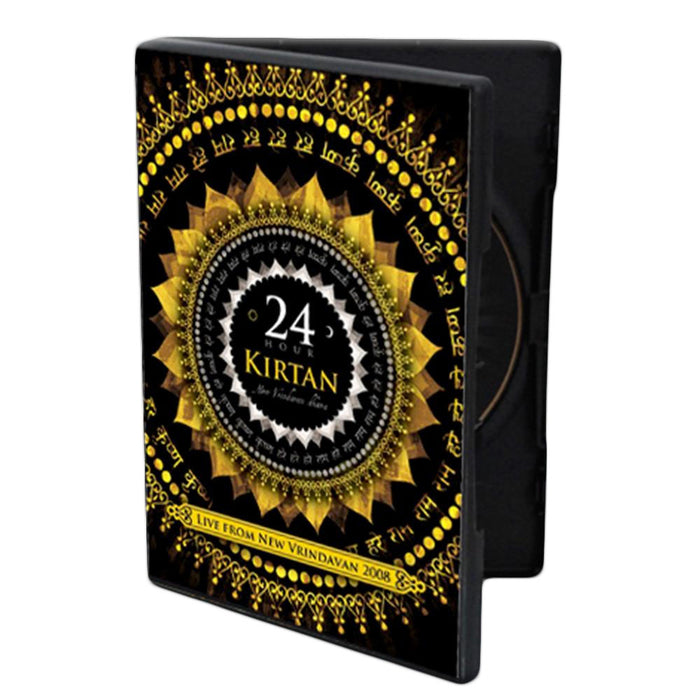 A Mantralogy DVD case featuring an ornate black and gold mandala and 24 Hour Kirtan Live from New Vrindavan 2008 at the center, celebrating the holy name at the renowned 24 Hour Kirtan Festival.