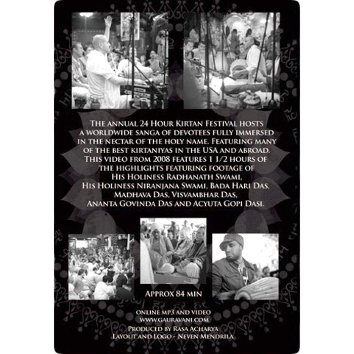 Mantralogy black-and-white flyer for the 24 Hour Kirtan Festival video, featuring musicians, participants, headliner Radhanath Swami, event info, 84 minutes of chanting footage, and a website link.