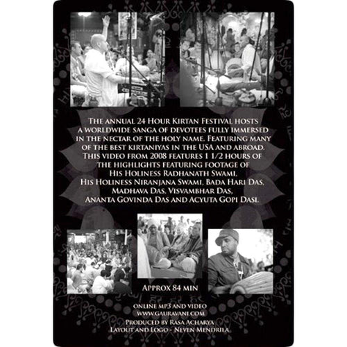 Mantralogy black-and-white flyer for the 24 Hour Kirtan Festival video, featuring musicians, participants, headliner Radhanath Swami, event info, 84 minutes of chanting footage, and a website link.
