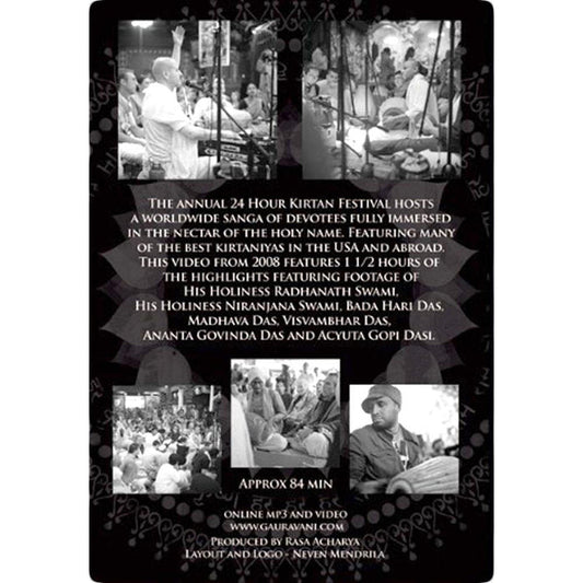 Mantralogy black-and-white flyer for the 24 Hour Kirtan Festival video, featuring musicians, participants, headliner Radhanath Swami, event info, 84 minutes of chanting footage, and a website link.