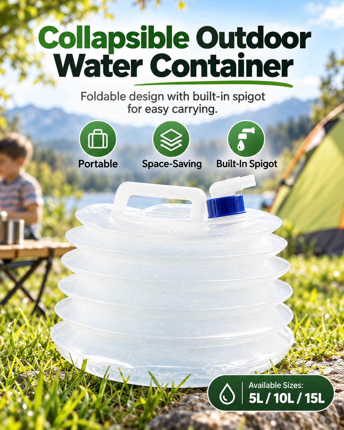 Collapsible Water Container with Built-In Spigot – Portable BPA-Free Camping Water Storage Jug, 5L/10L/15L