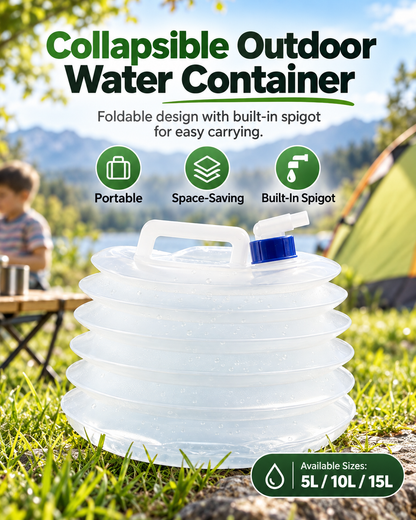 Collapsible Water Container with Built-In Spigot – Portable BPA-Free Camping Water Storage Jug, 5L/10L/15L