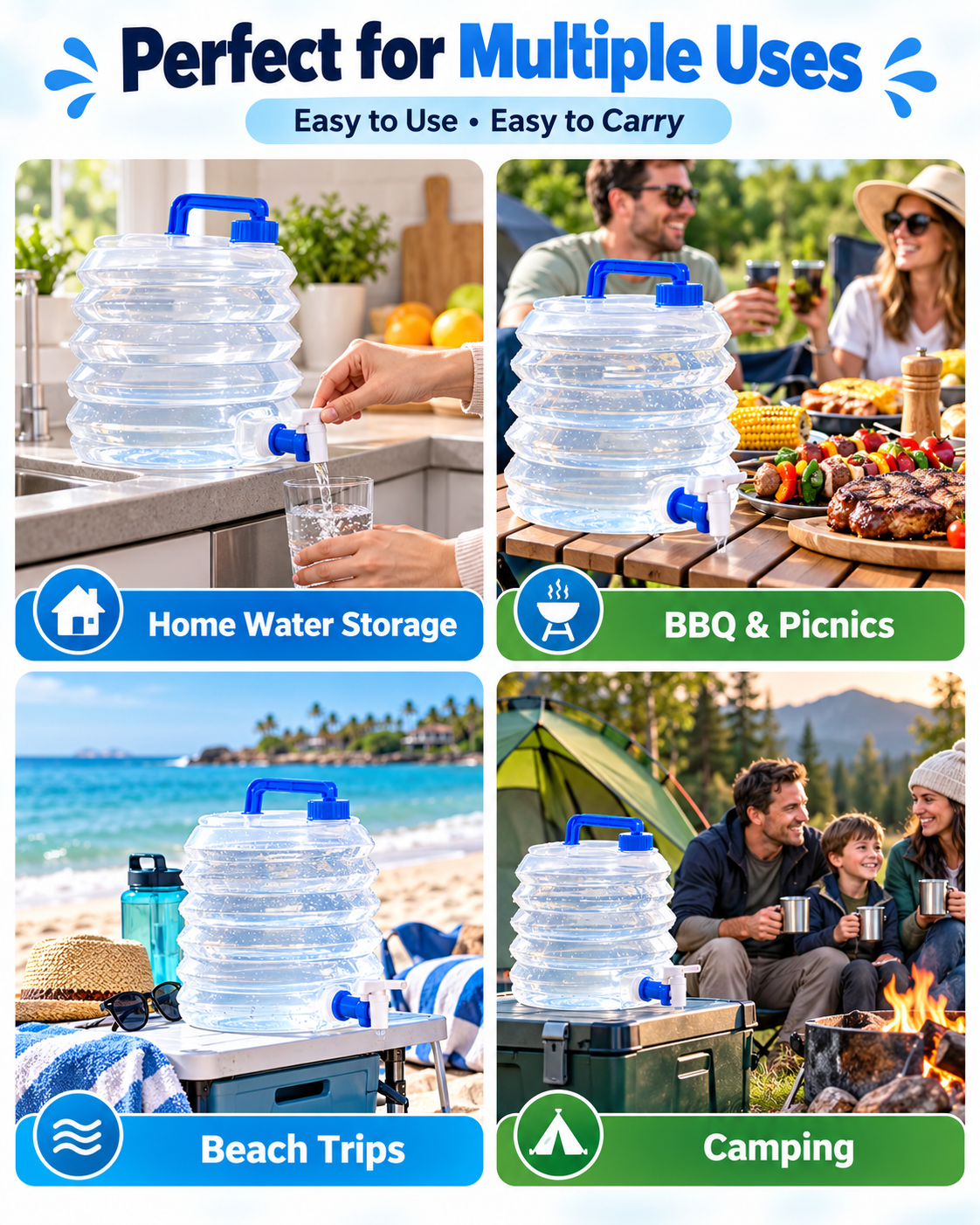 Collapsible Water Container with Built-In Spigot – Portable BPA-Free Camping Water Storage Jug, 5L/10L/15L