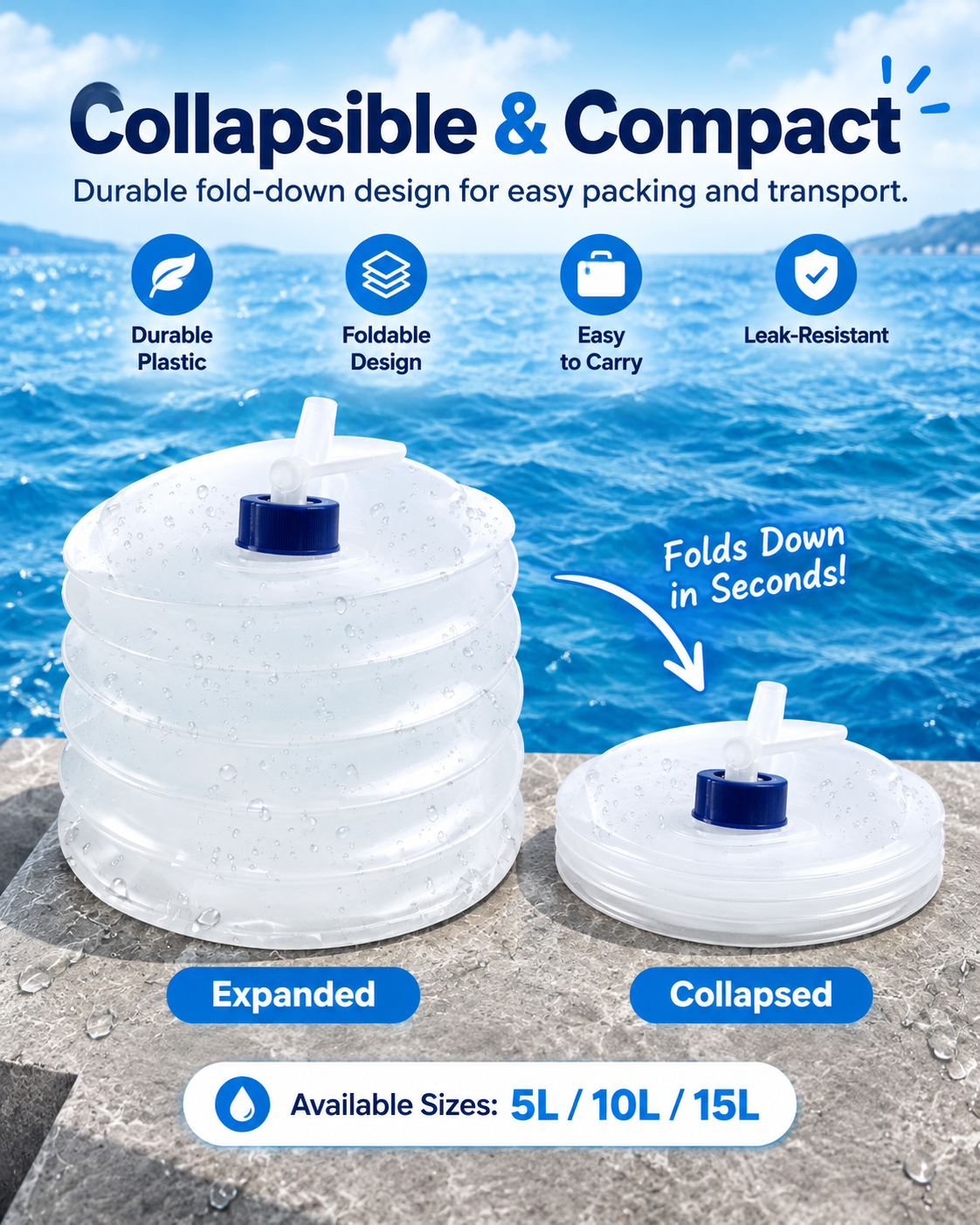 Collapsible Water Container with Built-In Spigot – Portable BPA-Free Camping Water Storage Jug, 5L/10L/15L