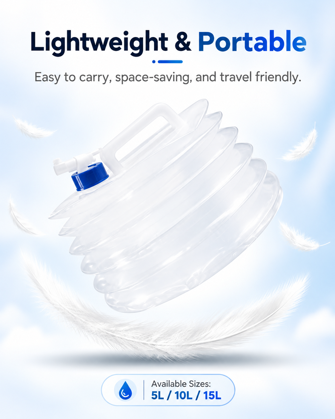 Collapsible Water Container with Built-In Spigot – Portable BPA-Free Camping Water Storage Jug, 5L/10L/15L