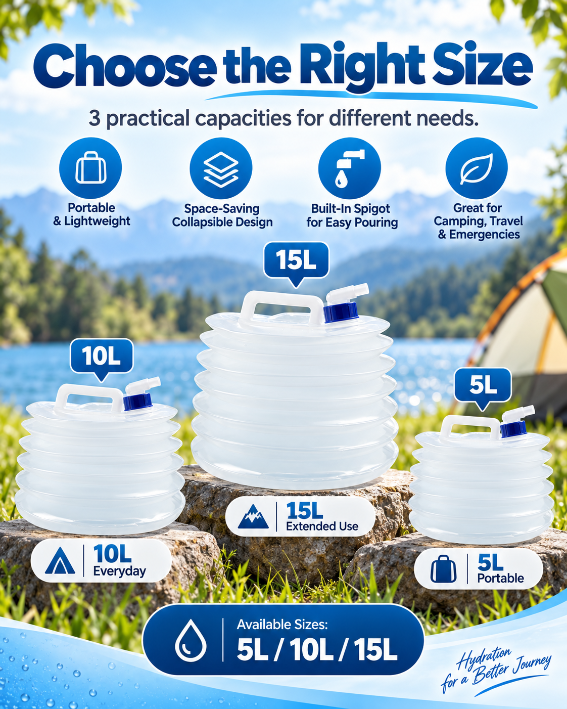 Collapsible Water Container with Built-In Spigot – Portable BPA-Free Camping Water Storage Jug, 5L/10L/15L