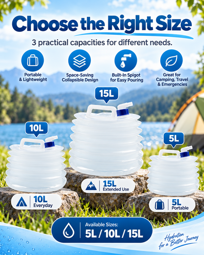 Collapsible Water Container with Built-In Spigot – Portable BPA-Free Camping Water Storage Jug, 5L/10L/15L