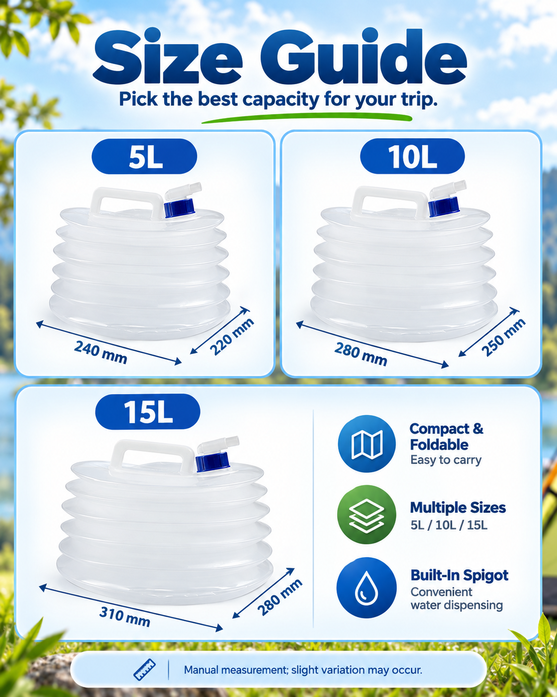 Collapsible Water Container with Built-In Spigot – Portable BPA-Free Camping Water Storage Jug, 5L/10L/15L