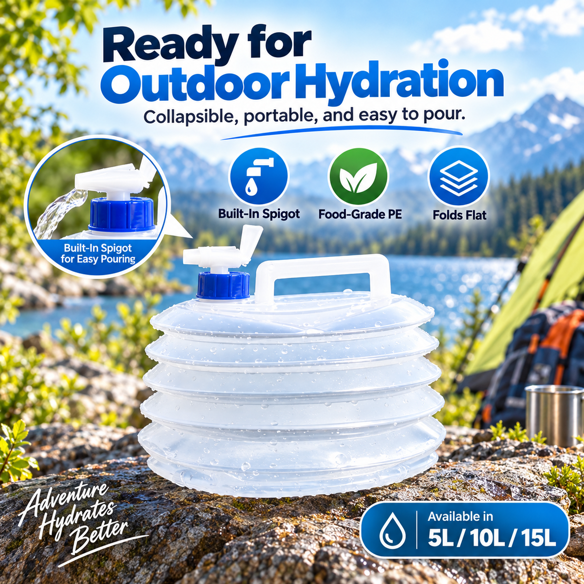 Collapsible Water Container with Built-In Spigot – Portable BPA-Free Camping Water Storage Jug, 5L/10L/15L
