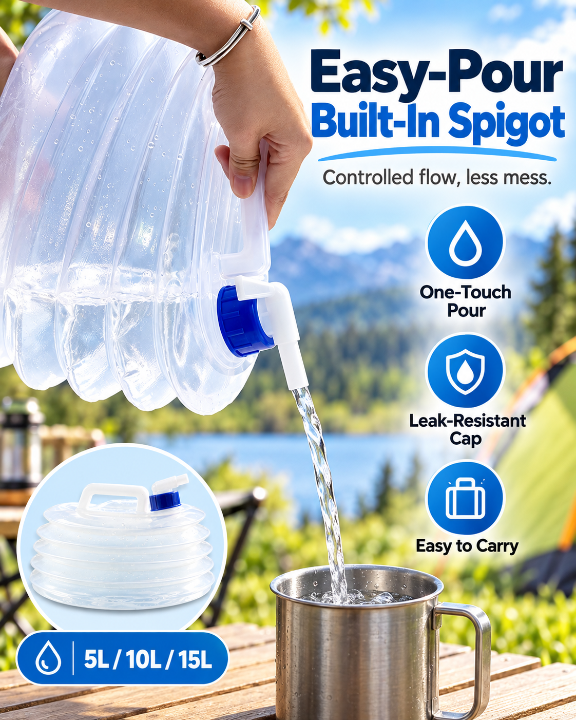 Collapsible Water Container with Built-In Spigot – Portable BPA-Free Camping Water Storage Jug, 5L/10L/15L