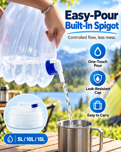Collapsible Water Container with Built-In Spigot – Portable BPA-Free Camping Water Storage Jug, 5L/10L/15L