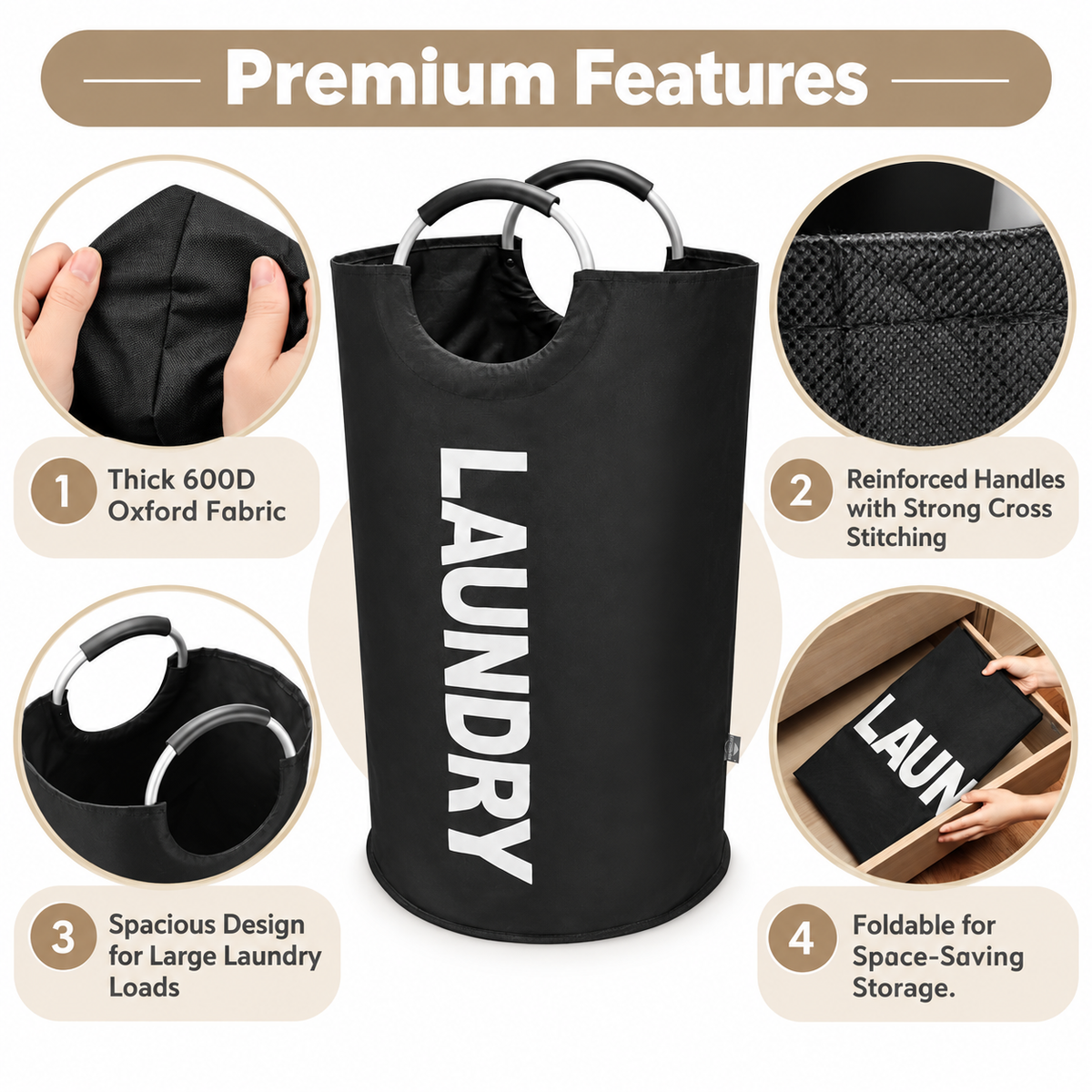 🧺 90L Extra Large Laundry Hamper – Foldable 600D Oxford Laundry Basket with Aluminum Soft-Grip Handles
