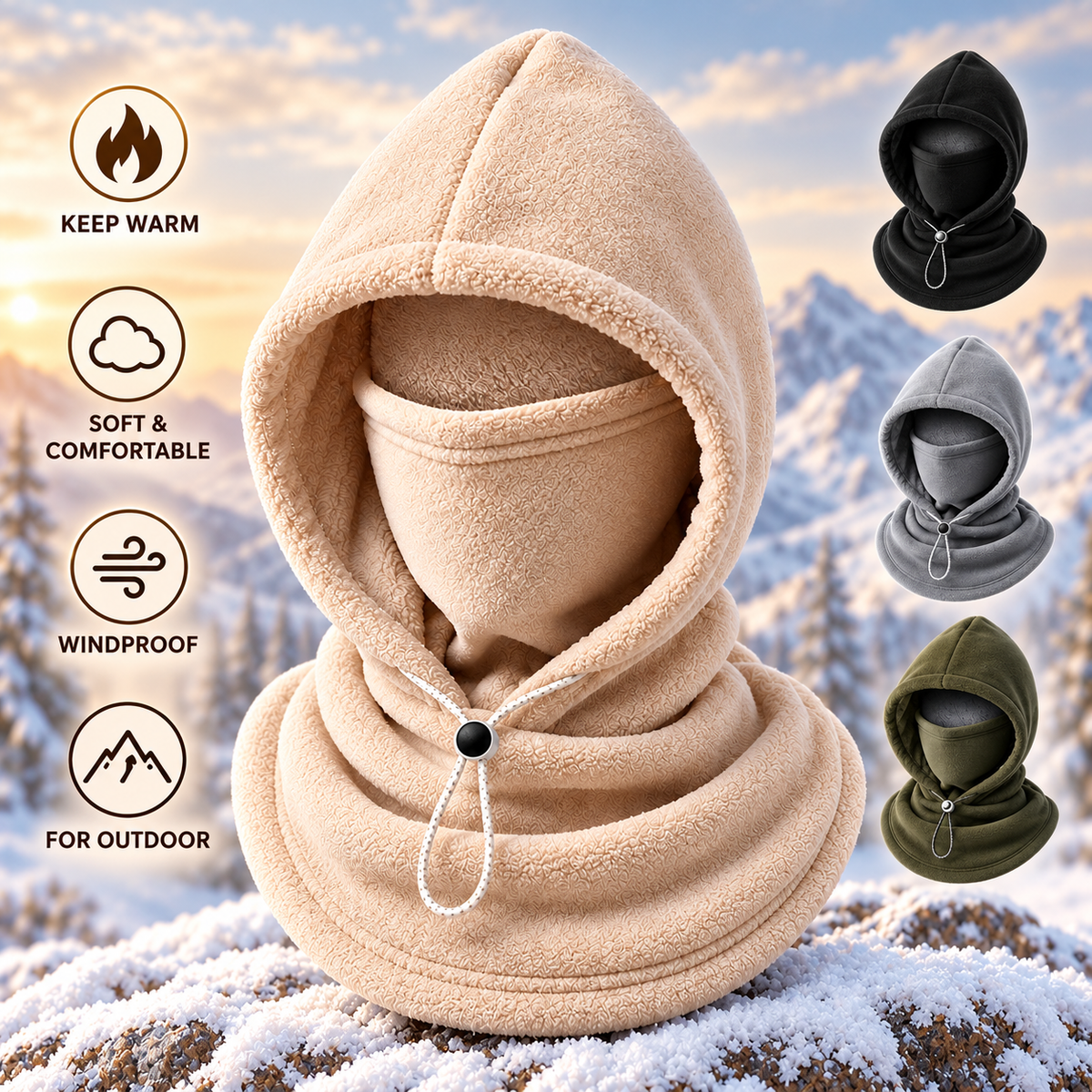 3-in-1 Winter Warm Fleece Hood – Hood, Face Cover & Neck Warmer All in One