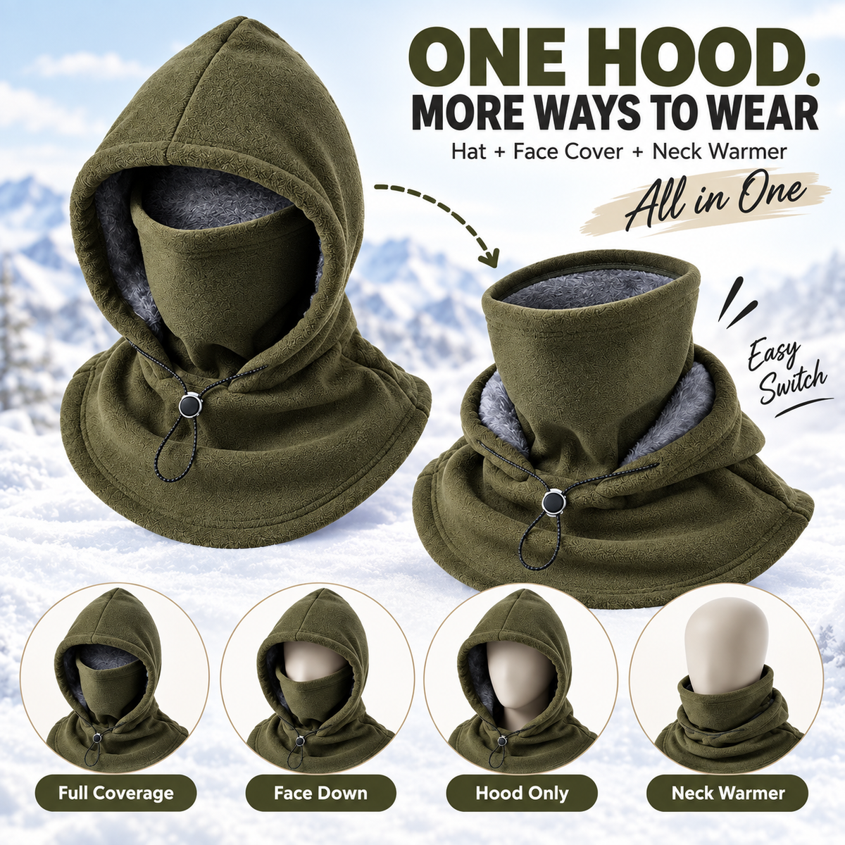 3-in-1 Winter Warm Fleece Hood – Hood, Face Cover & Neck Warmer All in One