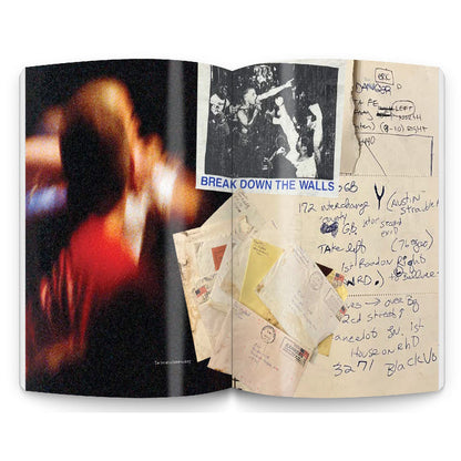A magazine spread features a blurred photo of a person singing on the left, and on the right, vintage envelopes, handwritten notes, a black-and-white concert photo from CIVs Break Down The Walls tour, and bold blue text reading “BREAK DOWN THE WALLS.”.