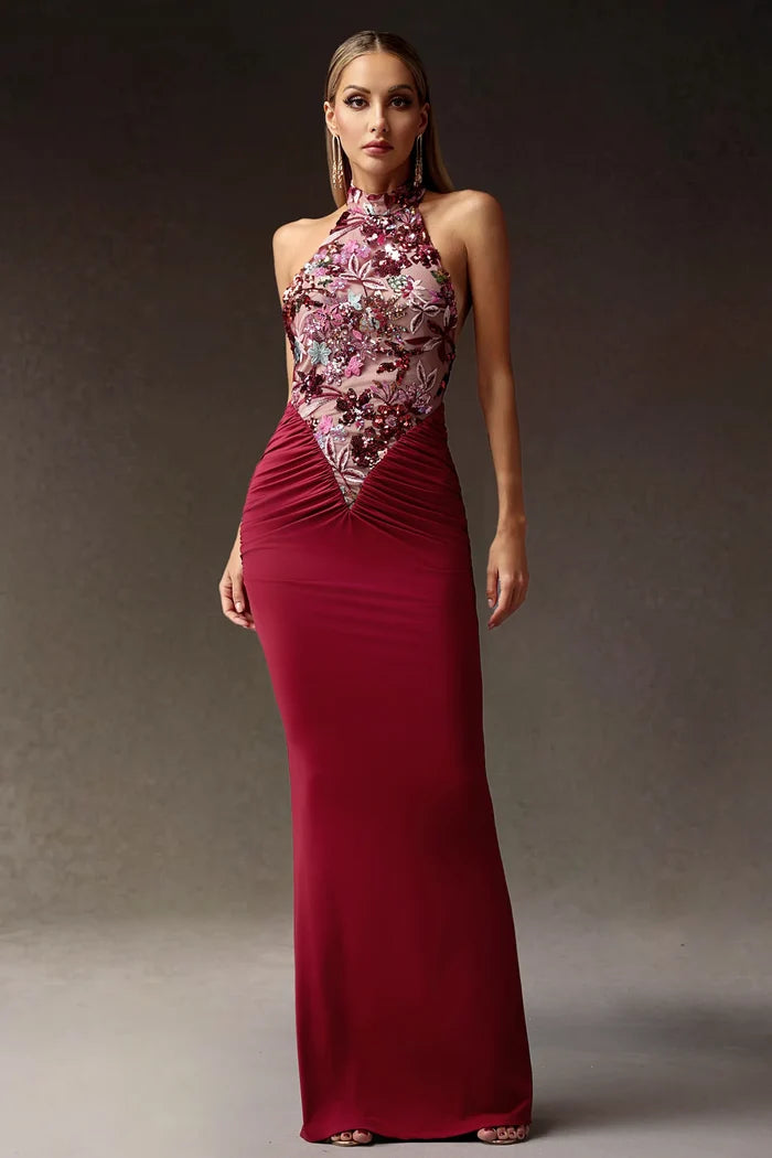 Addison Burgundy Floral Sequin Halter Gown