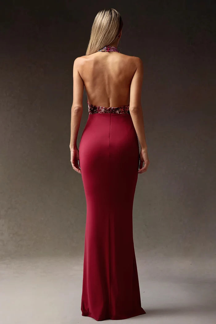 Addison Burgundy Floral Sequin Halter Gown