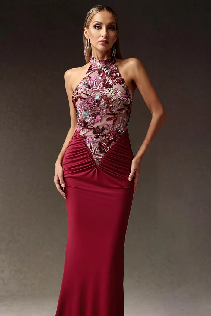 Addison Burgundy Floral Sequin Halter Gown