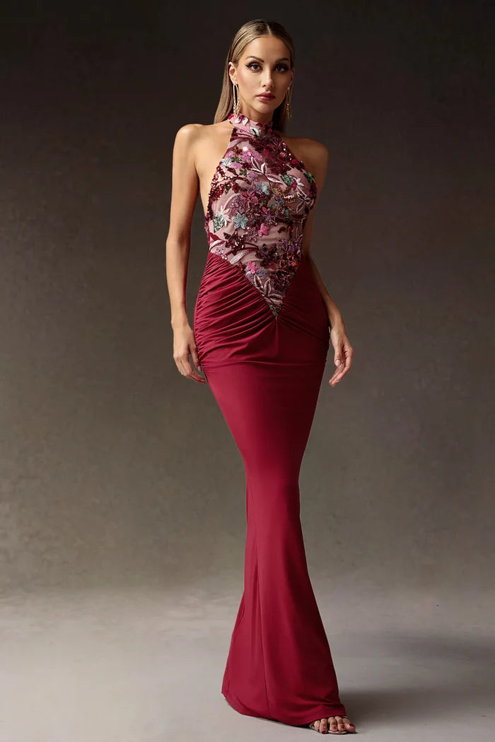 Addison Burgundy Floral Sequin Halter Gown