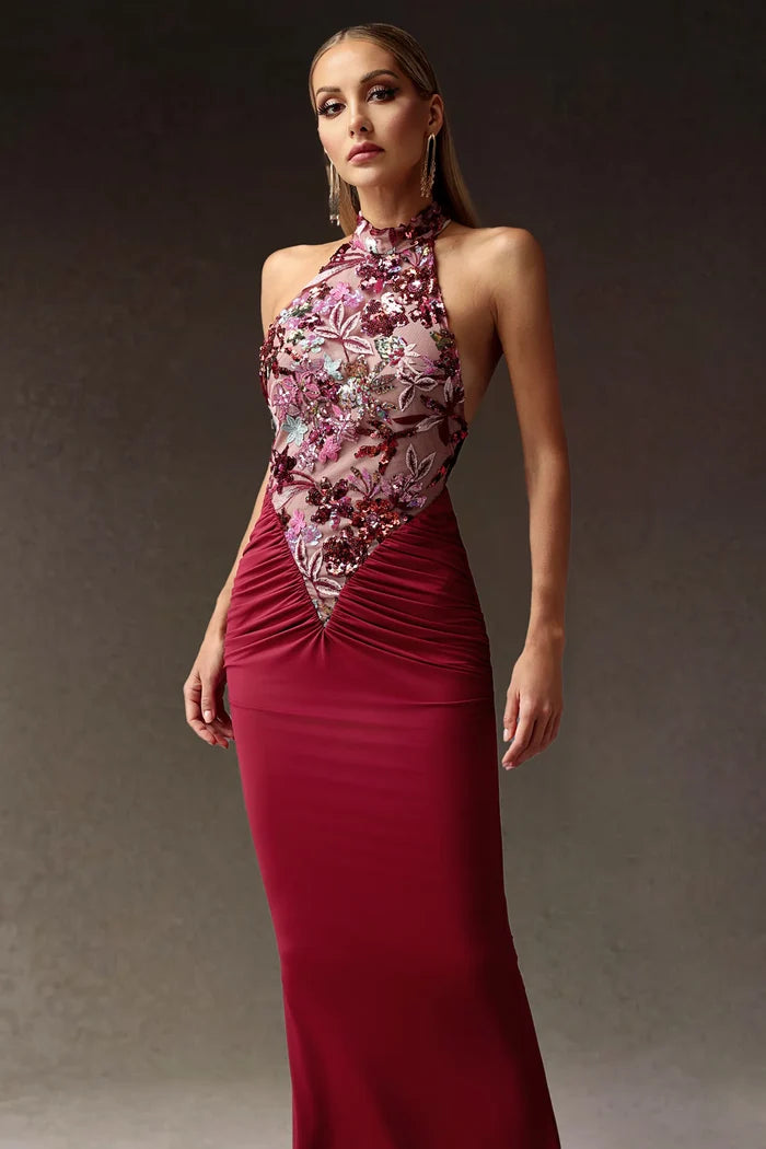 Addison Burgundy Floral Sequin Halter Gown