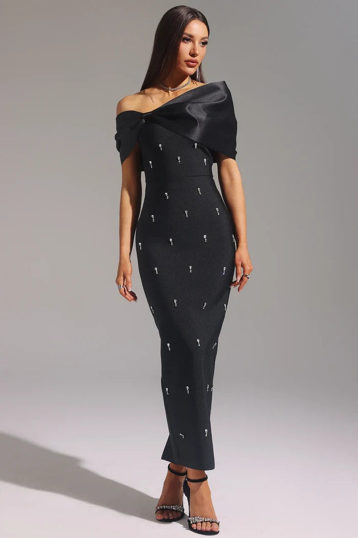 Adriana Solid Off Shoulder Black Dress