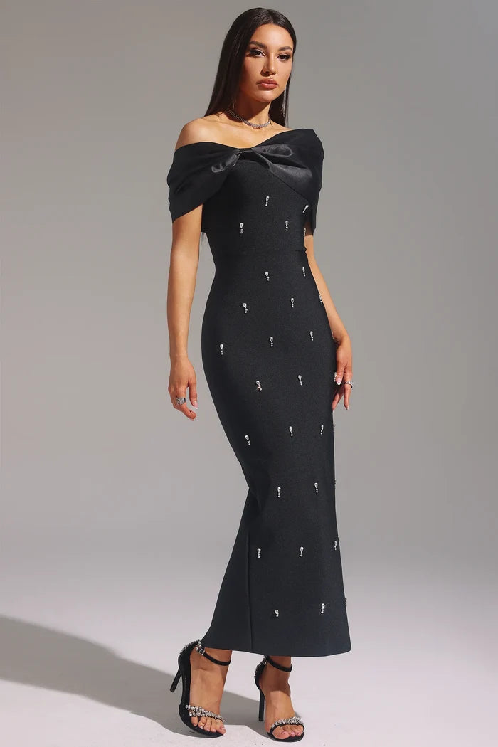 Adriana Solid Off Shoulder Black Dress