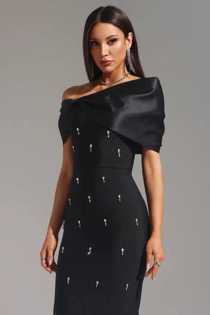 Adriana Solid Off Shoulder Black Dress
