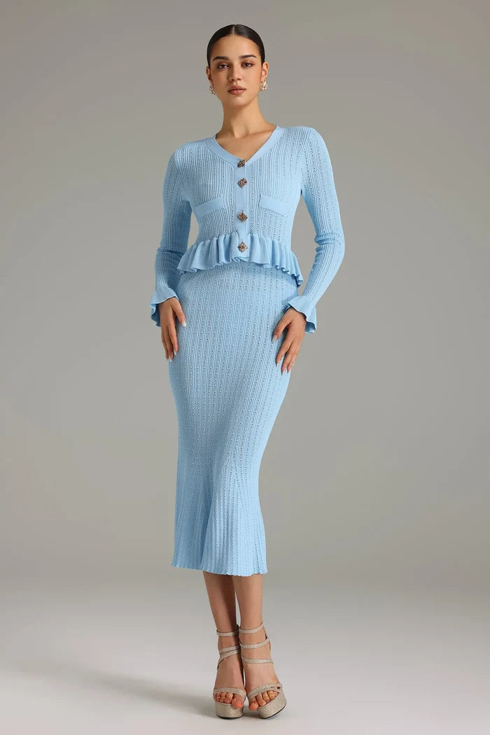 Ainsley Blue Flounced Knit Midi Dress