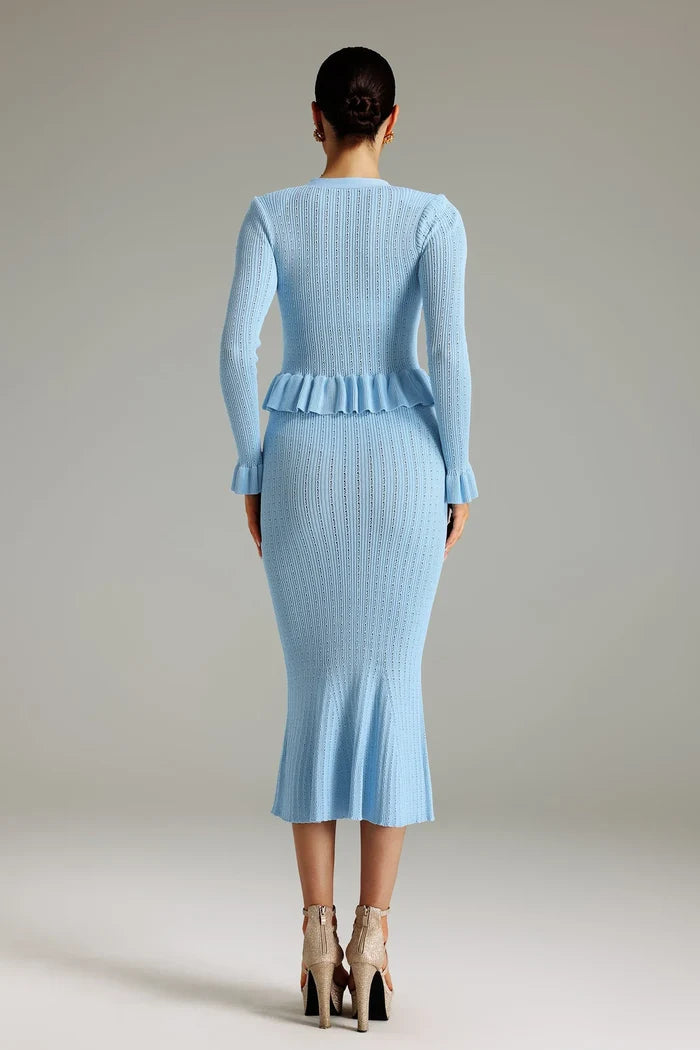 Ainsley Blue Flounced Knit Midi Dress