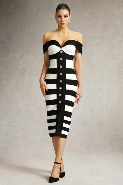 Amaya Off-Shoulder Black White Dress
