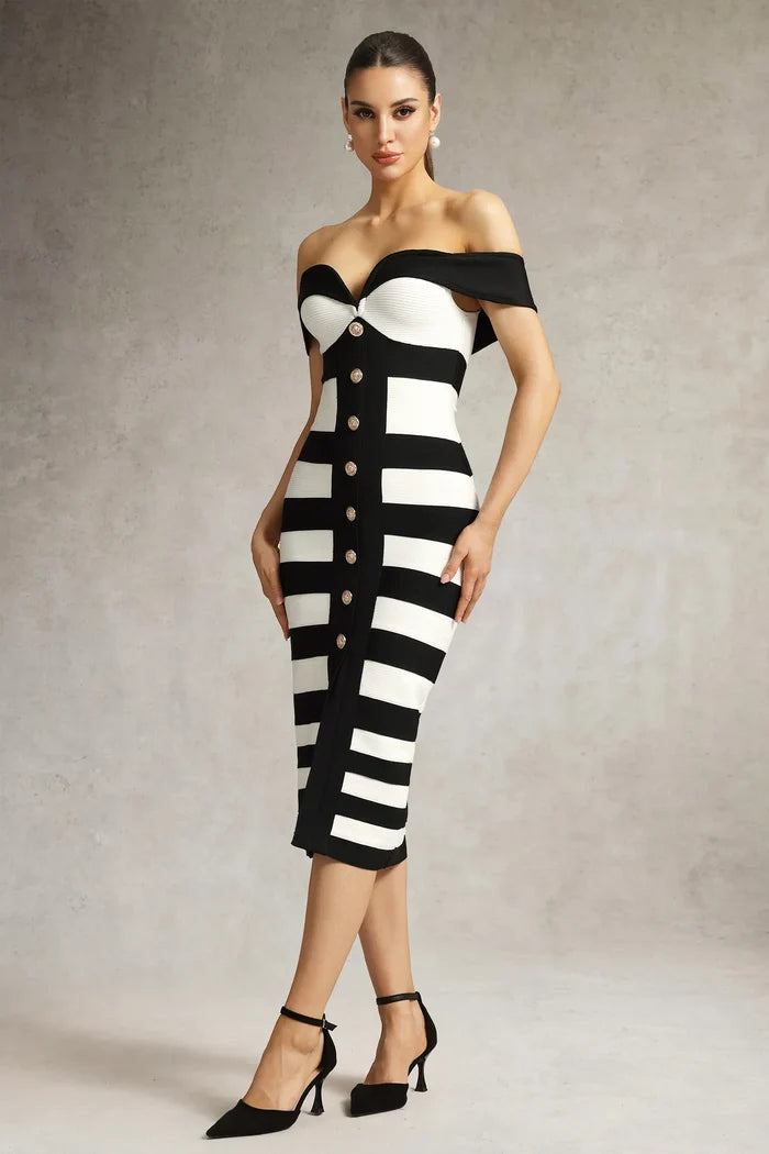Amaya Off-Shoulder Black White Dress