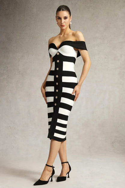 Amaya Off-Shoulder Black White Dress