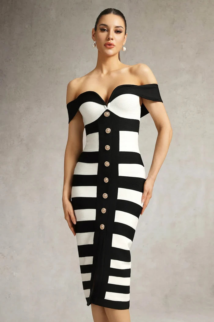 Amaya Off-Shoulder Black White Dress
