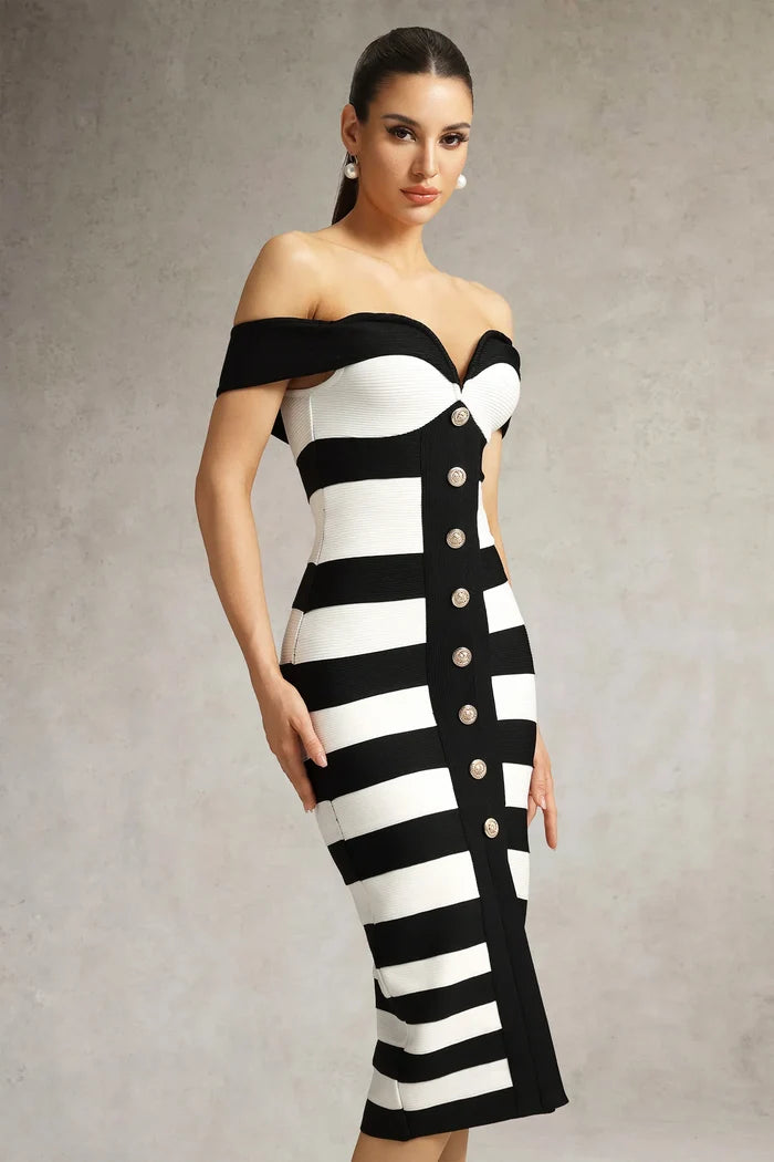 Amaya Off-Shoulder Black White Dress