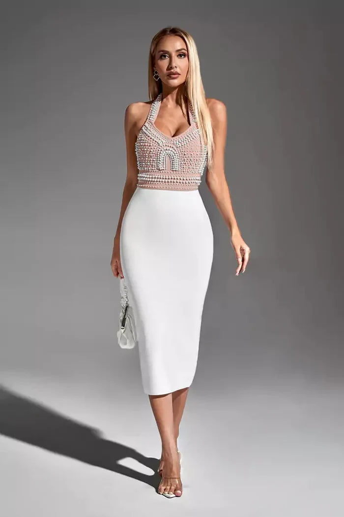 Amethyst Pearl Detail Halter Pencil Dress