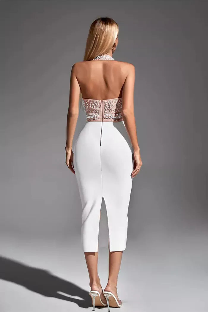 Amethyst Pearl Detail Halter Pencil Dress