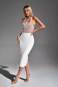 Amethyst Pearl Detail Halter Pencil Dress