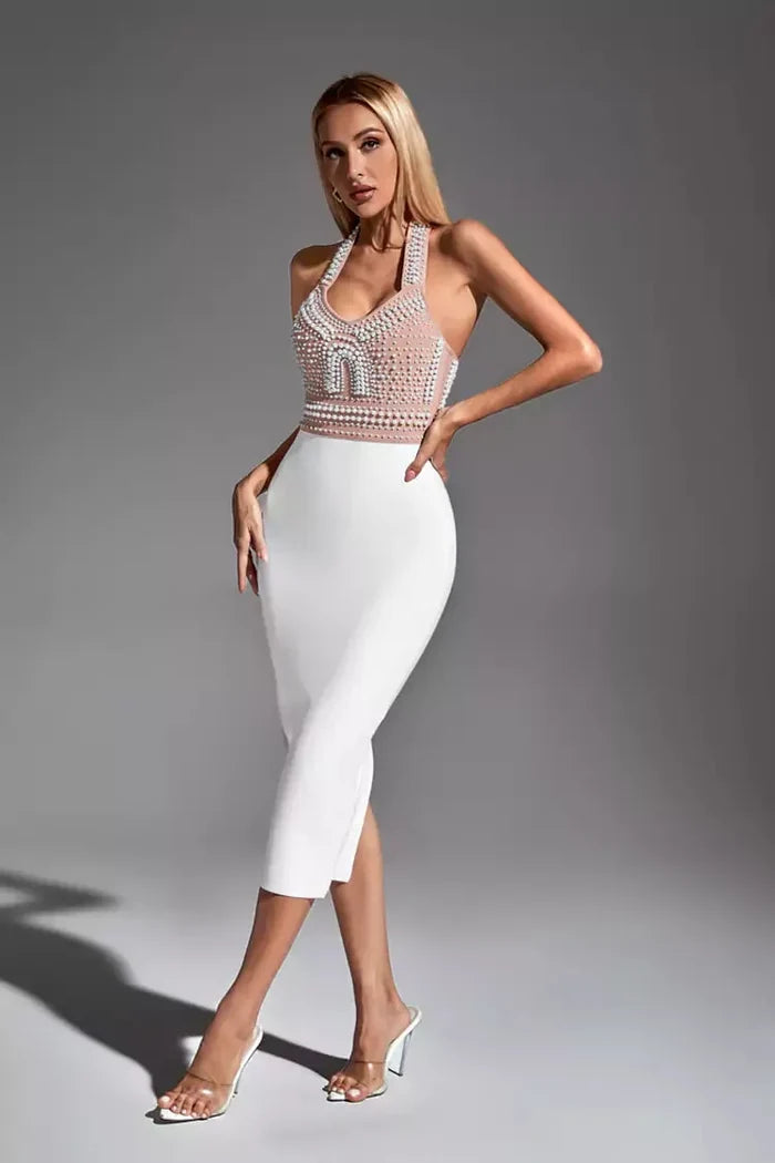 Amethyst Pearl Detail Halter Pencil Dress