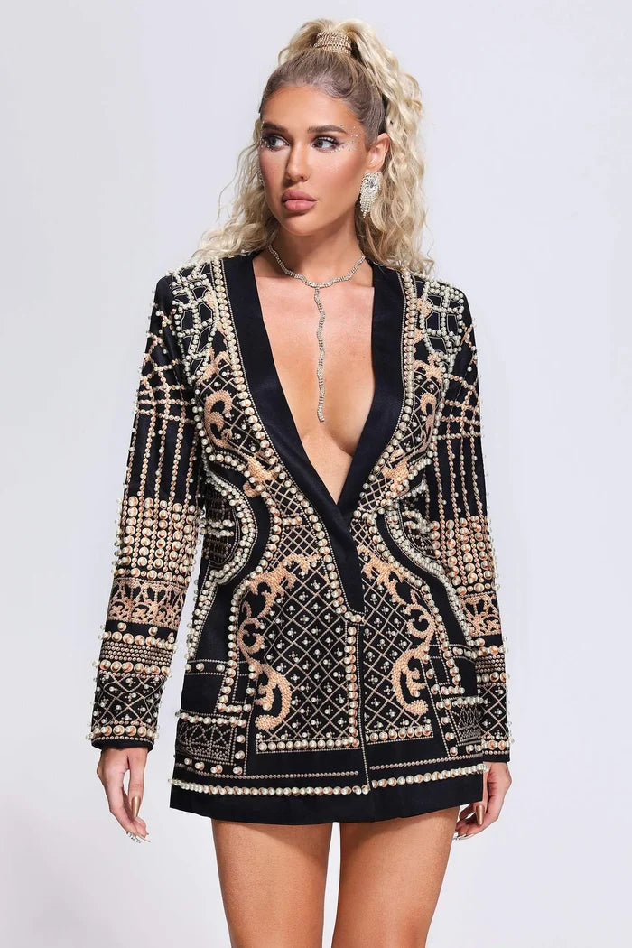 Anna Embellished Deep V-Neck Blazer Dress