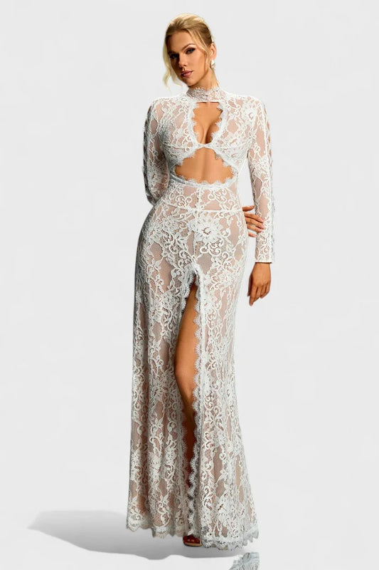 Annie Lace Illusion High-Slit Evening Gown