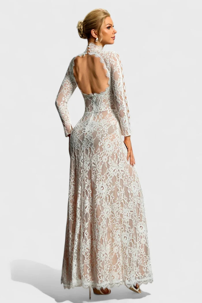 Annie Lace Illusion High-Slit Evening Gown