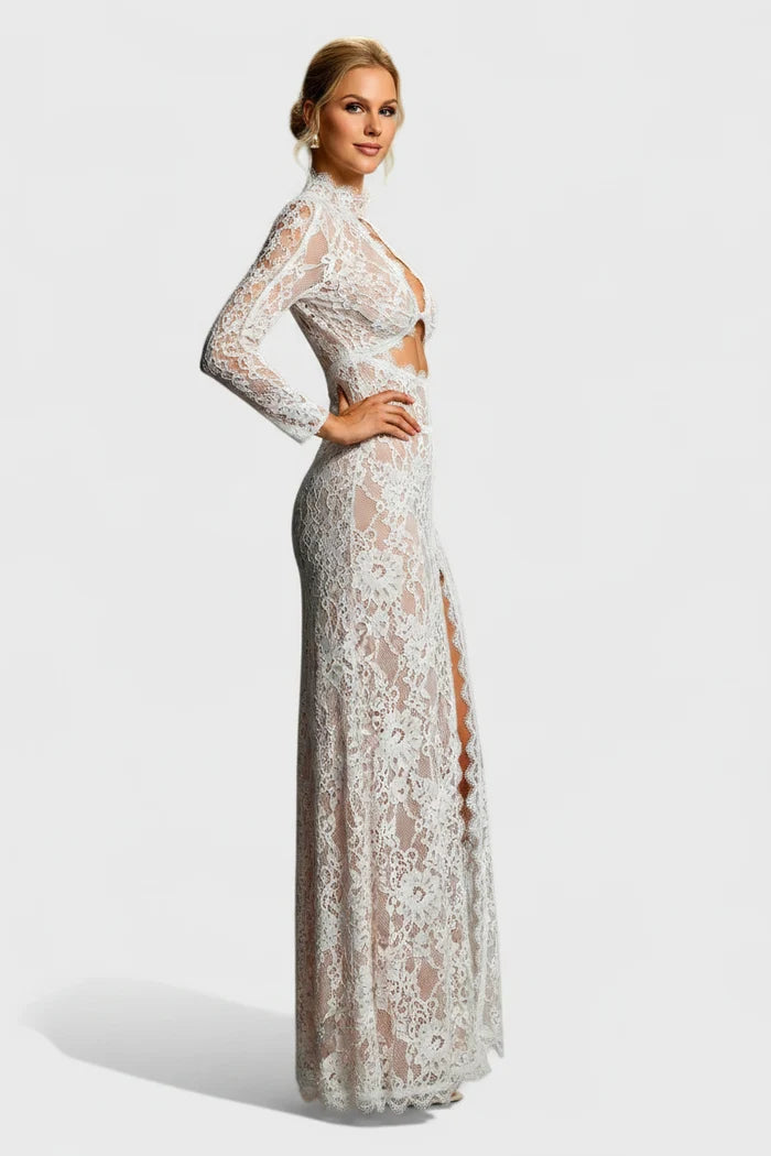 Annie Lace Illusion High-Slit Evening Gown