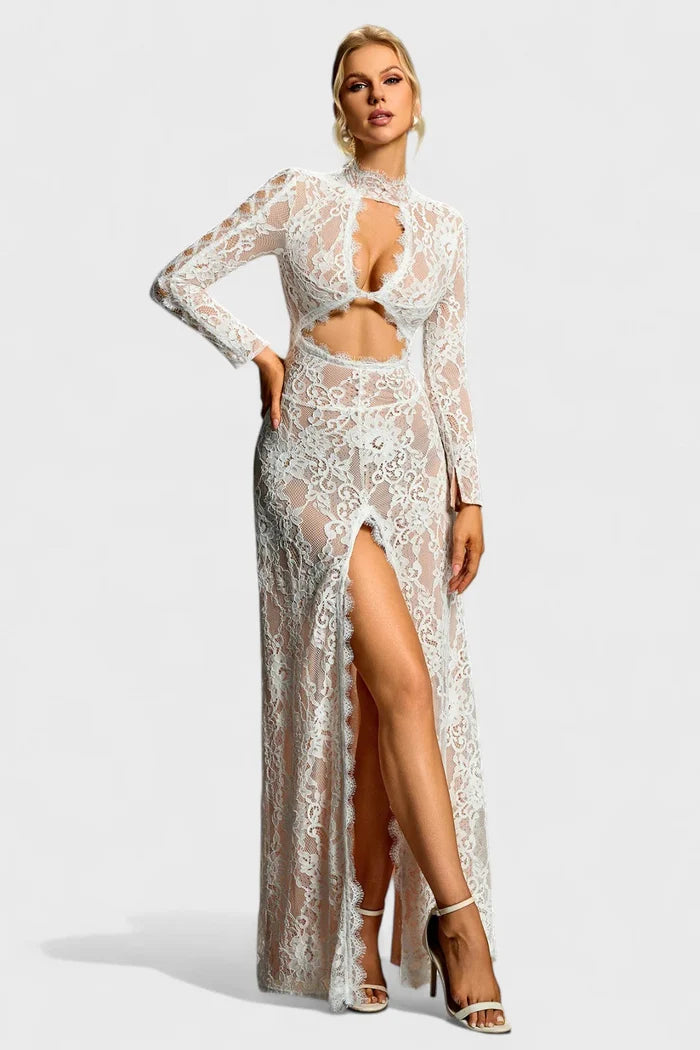 Annie Lace Illusion High-Slit Evening Gown