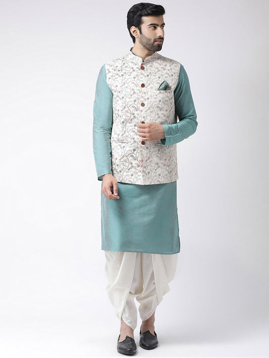 Aqua Blue Silk Blend Kurta Jacket Dhoti Set