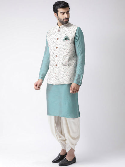 Aqua Blue Silk Blend Kurta Jacket Dhoti Set